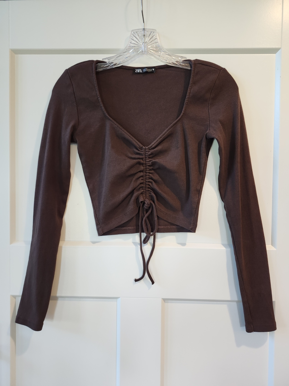Zara Chocolate Brown Long-Sleeve Ruched Drawstring Crop Top